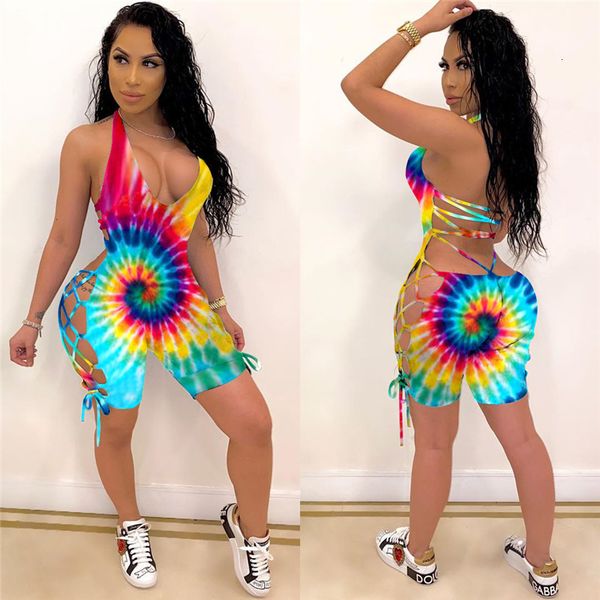 

2020 women summer bodysuits backless halter tie-dye print rompers street night club party jumpsuits one piece outfit, Black;white