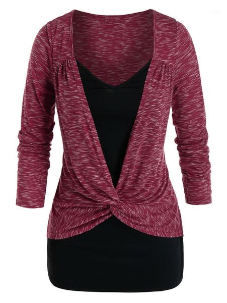 

rosegal casual loose tshirt women autumn plus size space dye twisted two tone ruched tunic tee female long sleeve fashion 1, White