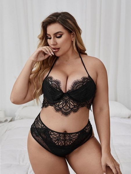 

plus mesh scallop trim halter lingerie set d3ay#, Black;white