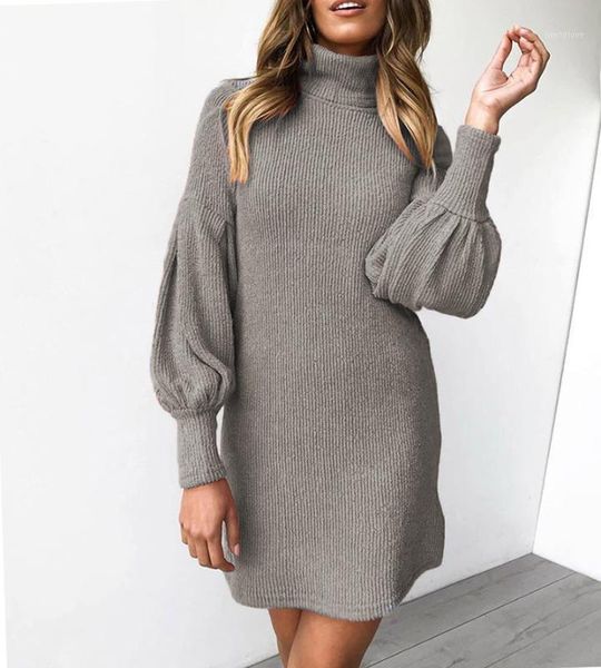 

elegant women sweater dress mini knitted 2020 sheath stretch long lantern sleeve loose turtleneck famale bodycon dress vetidos1, Black;gray