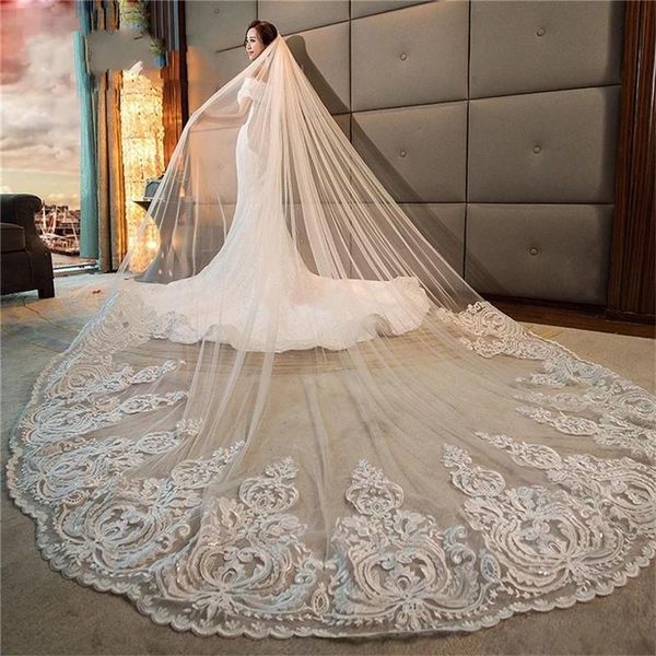

real p 3m white wedding veils cathedral two layer lace appliqued long bridal veils with comb woman marry gifts 2021 hair accessories, Black