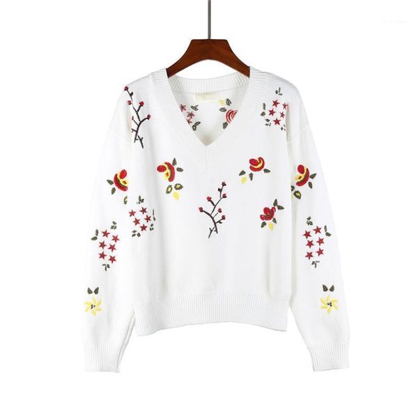 

olome 2019 winter new womenkorean version of the retro long sleeve loose v-neck knitting embroidery sets of bottoming sweater1, White;black