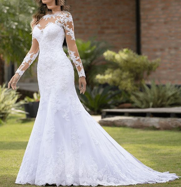 

illusion bodice lace appliques mermaid wedding dresses 2021 long sleeves wedding gowns ivory white bride dress