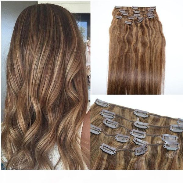 

human hair extensions ombre color two tone #4 brown piano #8 clip in human hair extensions highlights, Black