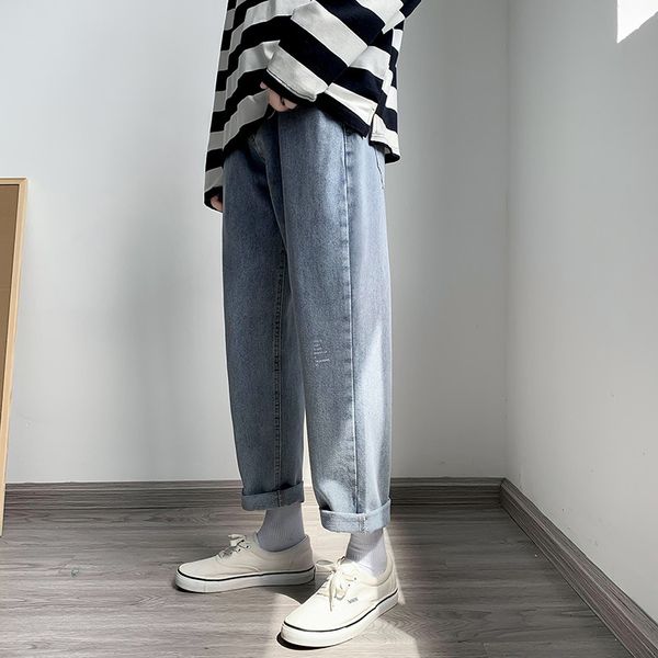 

autumn loose straight korean trend versatile jeans light color drop feeling wide leg men's pants, Blue