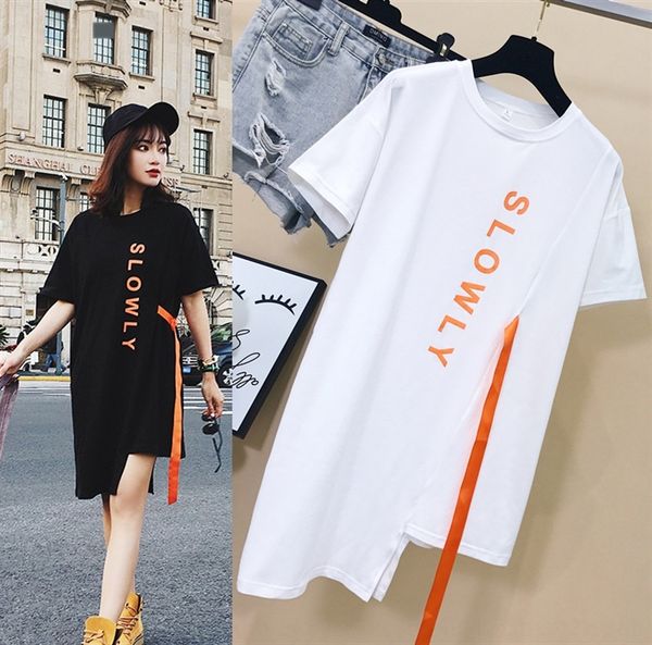 

2020 summer women's loose korean irregular medium length short dress sleeve t-shirt letter printed dress bac08, White