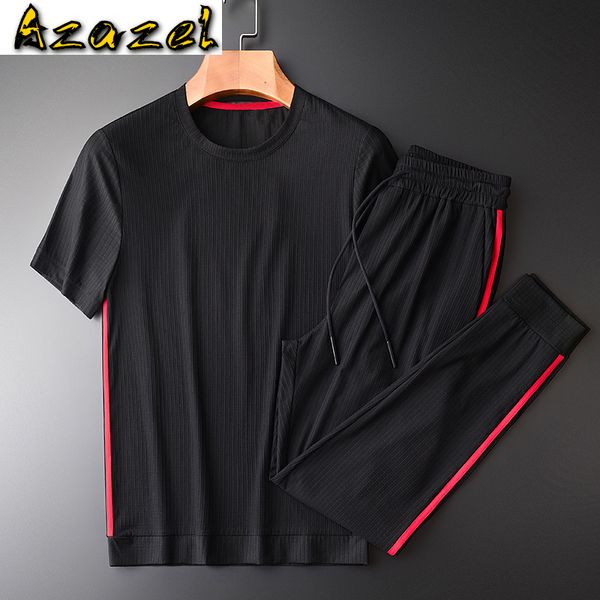 

azazel summer mens sets (t-shirt+pants) luxury casual sport short sleeve male tracksuit plus size 4xl slim man sets with pants 1022, Gray