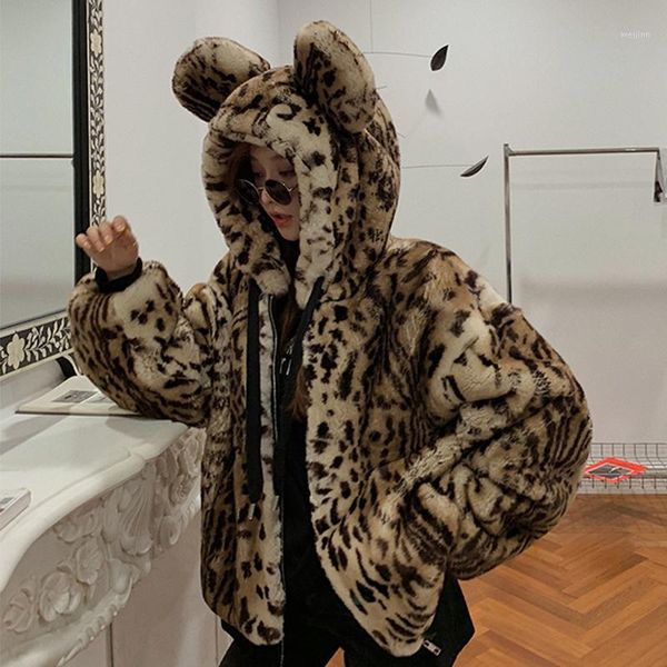 

lucyever leopard thick warm jackets and coats womens fake rex fur lantern sleeve jacket woman bear ear cute femme1, Black