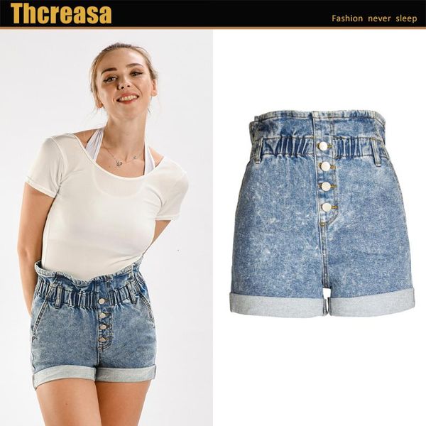

women's spring high waist loose wide denim shorts women's elastic waist high crimp shorts, Blue