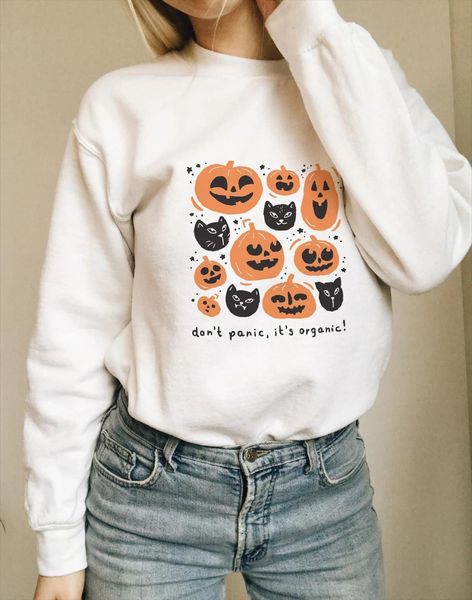

dont panic its organic. colored cat pumpkin sweatshirt women outfit graphic grunge fashion hipster jumper pullovers top, Black