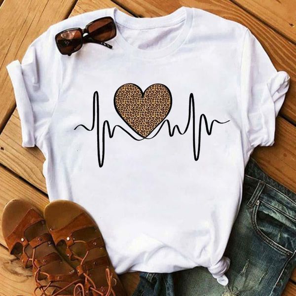 

women leopard heartbeat short sleeve print clothes fashion womens t-shirt graphic clothes female tumblr t shirt t-shirts, White