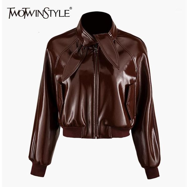 

casual pu leather jackets for women turtleneck lantern long sleeve lace up coats female fashion 2019 clothing tide1, Black