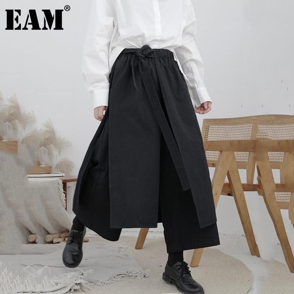 

eam] high elastic waist black bandage wide leg long trousers new loose fit pants women fashion tide spring autumn 2020 1db371, Black;white