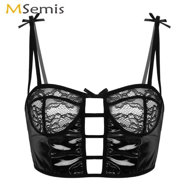 

women lingerie fashion wet look leather pole dance rave bra mesh see through sheer lace cups bralette no padded bustier, Red;black