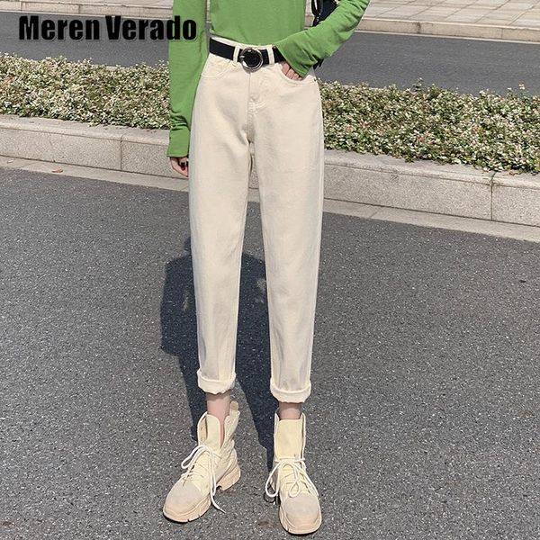 

women's jeans meren verado 2021 high waist women vintage harem casual pants fleece warm denim baggy mom jean loose washed trousers muje, Blue