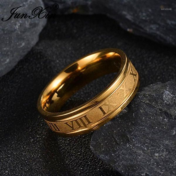 

junxin gold/black/silver color stainless steel rings for men roman numeral round finger ring male titanium steel wedding jewelry1, Golden;silver