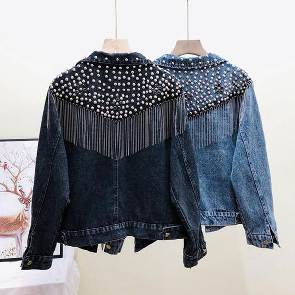 

mujer 2021 autumn streetwear denim jacket women hand-studded rivet tassel chain short jeans jacket loose black coats, Black;brown