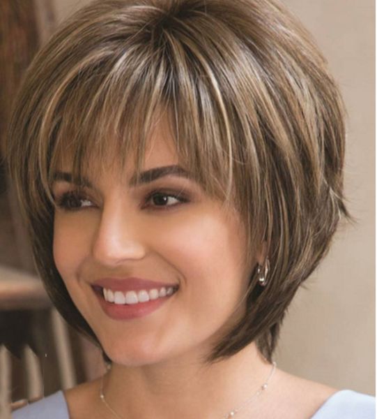

2021 new fashionable ladies' wig manufacturers directly sell mixed color straight hair, air bangs and short curls, Black
