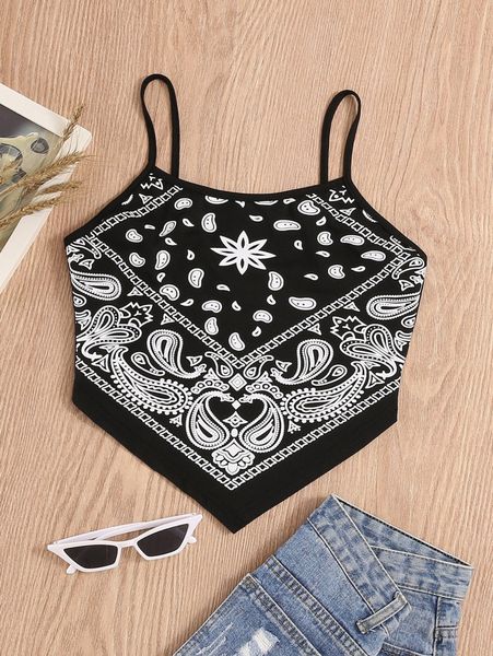 

plus paisley print asymmetric cami o2hs#, Black
