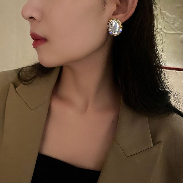 

fashion 925 silver needle korean dongdaemun geometric ellipse stud earrings zircon pearl earrings internet celebrity temperament fashion ear, Golden
