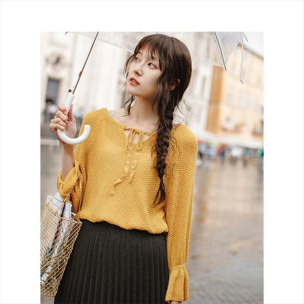

spring spring autumn round collar bandage loose style flare sleeve women pullover sweater drop shipping high quality, White;black