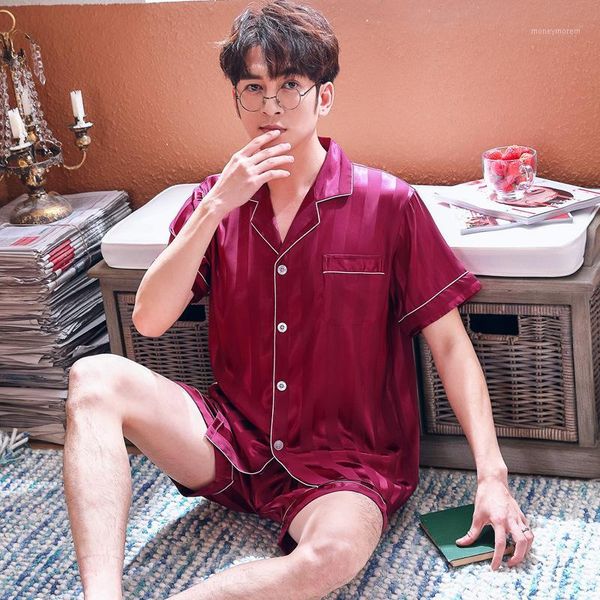 

men short sleeve pajamas suit summer casual loose 2pcs nightwear sleepwear bath gown silky satin sleep set shirt&pant homewear1, Black;brown