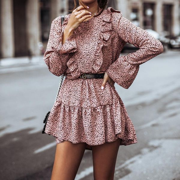 

spring long sleeve print ruffles dress women casual round neck loose mini dresses female spring elegant a line party vestidos, Black;gray
