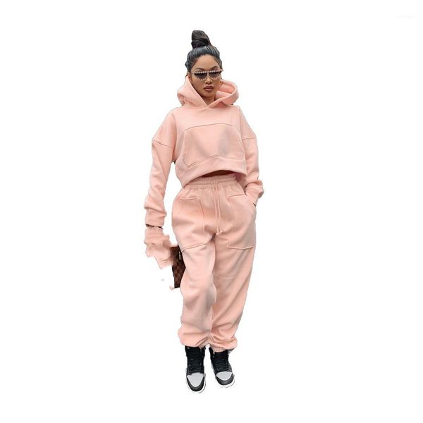

sleeve hooded pocket hoodies lace up pencil pants famale solid 2pcs clothing suit women hoodies two piece pants long, White