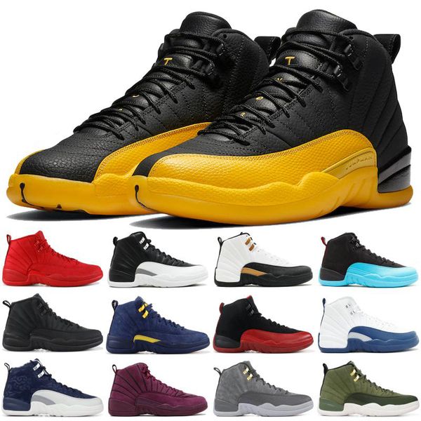 

jumpman black university gold 12 basketball shoes white dark grey reverse flu game 12s iridescent reflective sunrise mens sneakers trainers