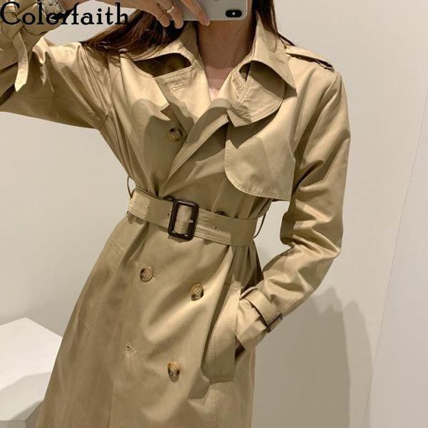 

colorfaith new 2020 autumn winter women's windbreaker cargo buttons vintage oversize lace up office lady long trench jk1310, Tan;black