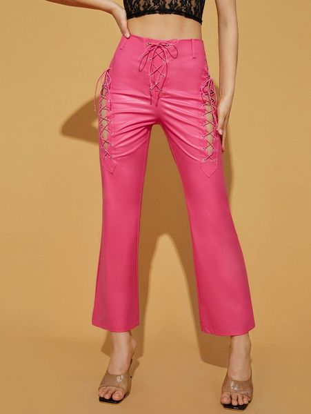 

grommet lace up pu leather pants u62m#, Black;white