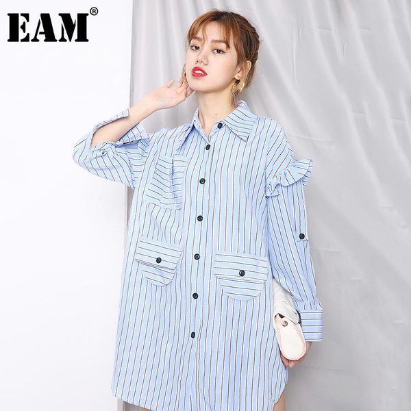 

women's blouses & shirts [eam] women blue striped split big size long blouse lapel sleeve loose fit shirt fashion spring autumn 2021 1z, White