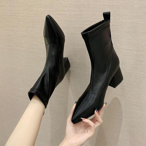 

women's mid calf boots shoes booties woman 2020 high heels round toe winter footwear boots-women stiletto rock rubber, Black
