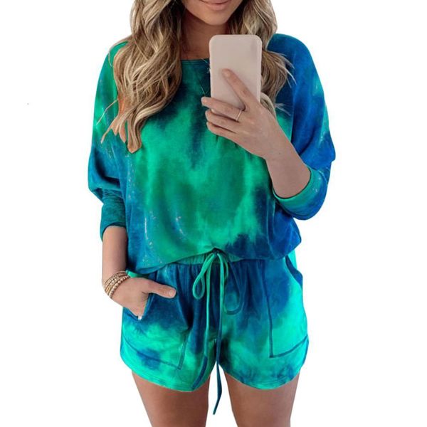 

tie dye printed women clothing set two piece long sleeve blouses shorts ladies outfits fashion casual female clothes set 2020, Gray