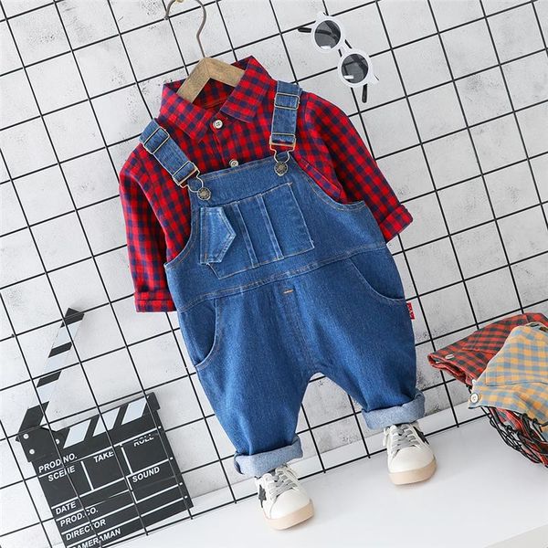 

clothing sets hylkidhuose 2021 toddler infant clothes suits baby girls boys lapel plaid shirt strap jeans kids children costume, White