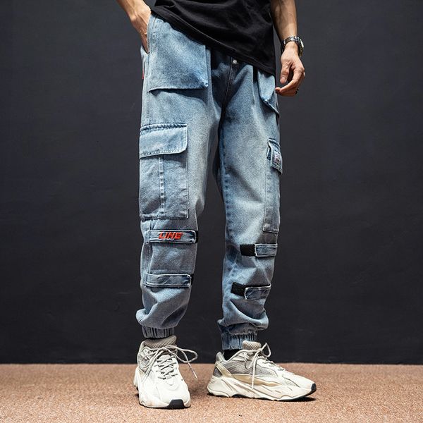 

2021 new newly designer fashion fit big pocket denim pants slack bottom joggers streetwear hip hop men qwpx, Blue