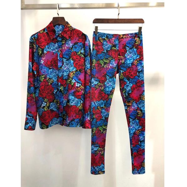 

women's tracksuits 7.14 2021 early autumn lady set rose print blouse + elastic waist slim leggings pin decoration split t-shirt +print, Gray