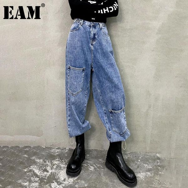 

eam] blue pocket denim long leisure wide leg jeans new high waist loose women trousers fashion tide spring autumn 2020 1dc9071