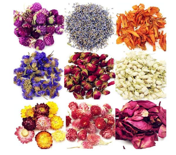 Natürliche Getrocknete Blumen Getrocknete Blumen-Kit, Kerze machen, Seifenherstellung, AAA Food-Grade-Rosa Rose, Lilie, Lavendel, Roseleaf, Jasmin-Blume 9 Taschen