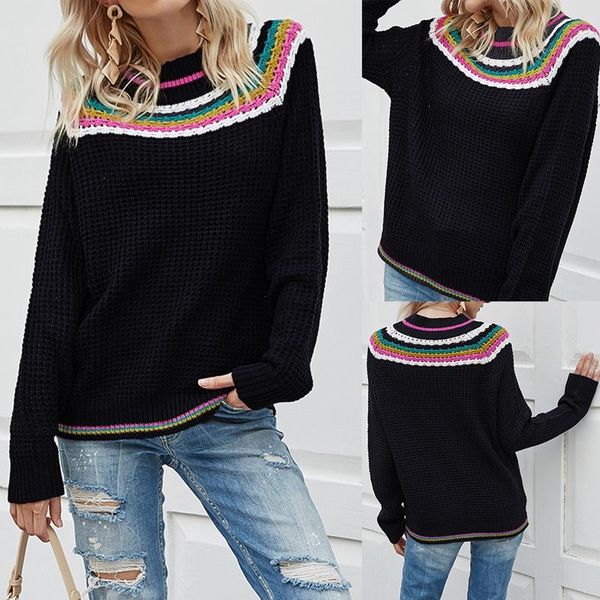 

fashion women's ethnic style sweater patchwork o-neck long-sleeved knitted sweater, White;black
