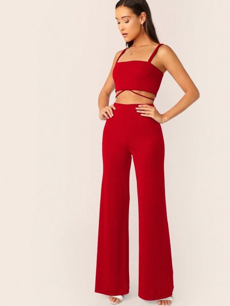 

knot back crop & flare leg pants set h6vs#, White