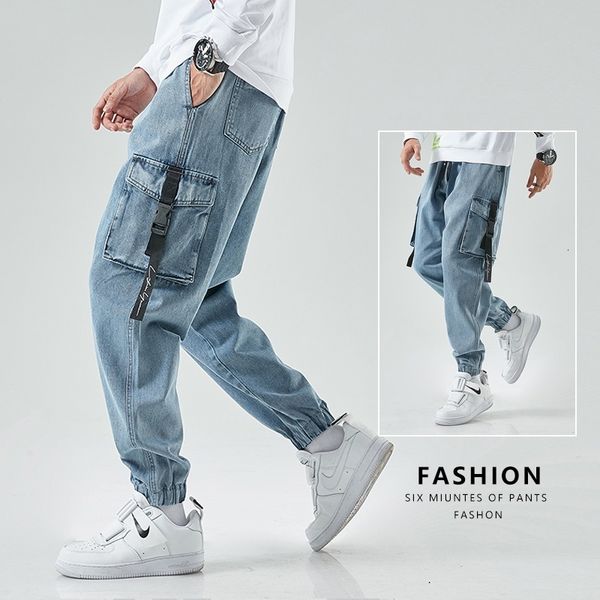 

2021 new men joggers load japanese baggy harem streetwear male styke ankle casual hip hop harajuku denim pants e47u, Blue