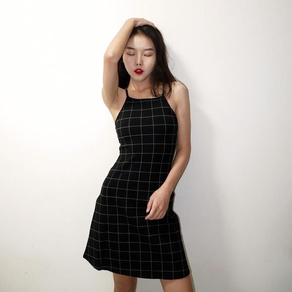 

vintage plaid pattern camisole dresses womens open back summer female bodycon dress harajuku black color club dresses, Black;gray