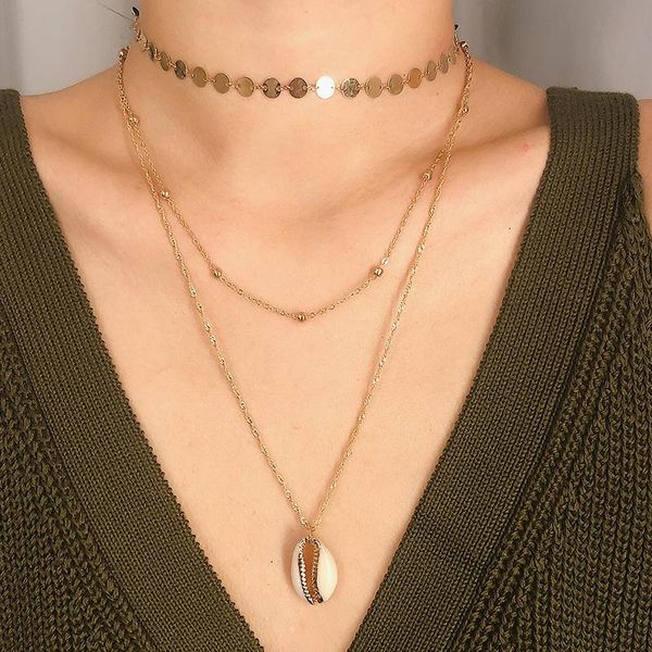 

vintage multilayer natural sea shell pendant necklaces for women copper beads round sequins necklace beach jewelry kolye gift, Silver