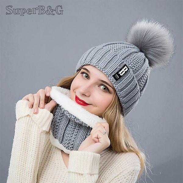 

beanie/skull caps winter woman hat scarf set plus velvet thick warm pompom for women solid color knitted ring 2 pcs, Blue;gray
