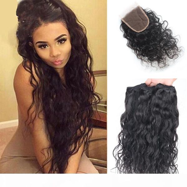 

water wave brazilian hair bundles with lace closure peruvian wet and wavy hair with lace closure natural wave hair bundles 4pcs lot, Black;brown