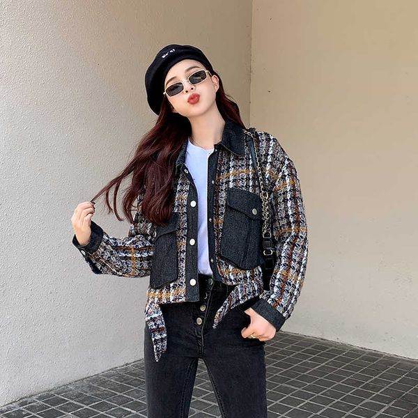 

autumn winter women's wear cowboy patchwork overcoat short denim jacket coat trench checked coats female jackets, Black