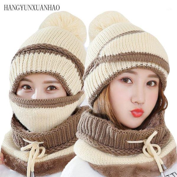 

beanies female warm beanie hat riding snow caps winter women knitted scarf mask set hairball pom fashion thickening collars1