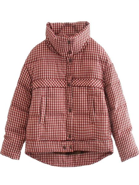 

2021 new winter women fashion red plaid jacket female stand collar pockets down coat ladies outerwear qta0, Black