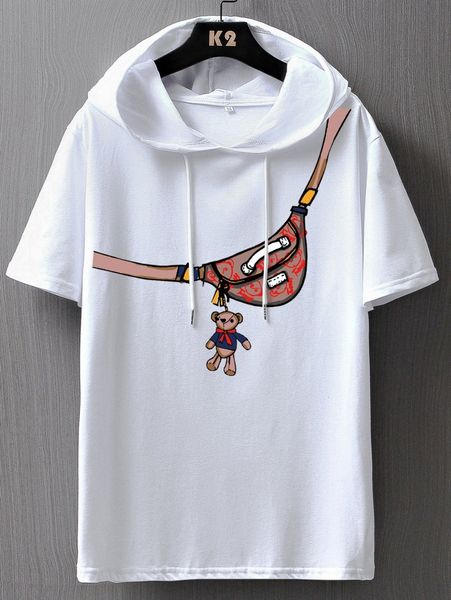 

men cartoon graphic drawstring hooded tee c429#, White;black